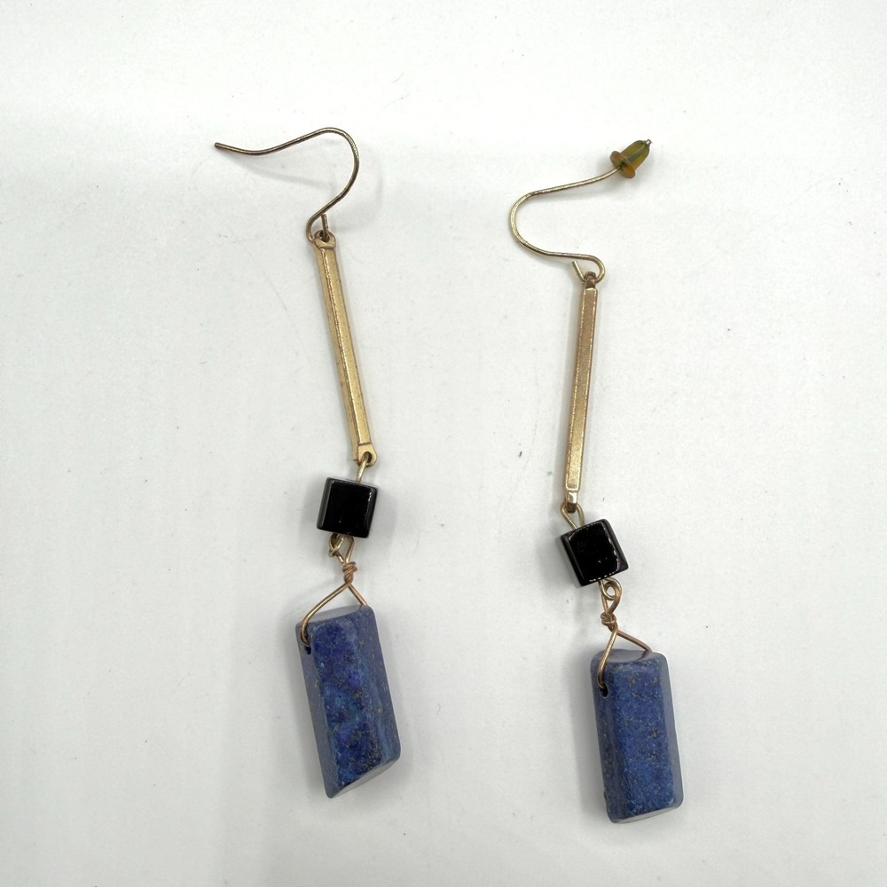 Lapis Lazuli Black Onyx Gold Tone Long Dangle Earrings Boho Geometric Gift Her